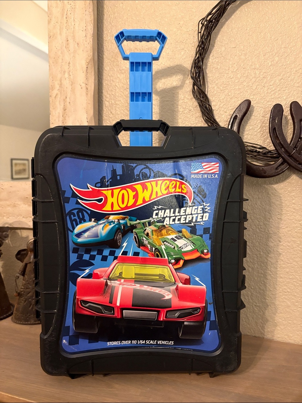 Hot Wheels Blue and Black Carry Case - Holds 110 cars. “Challenge Accepted”.